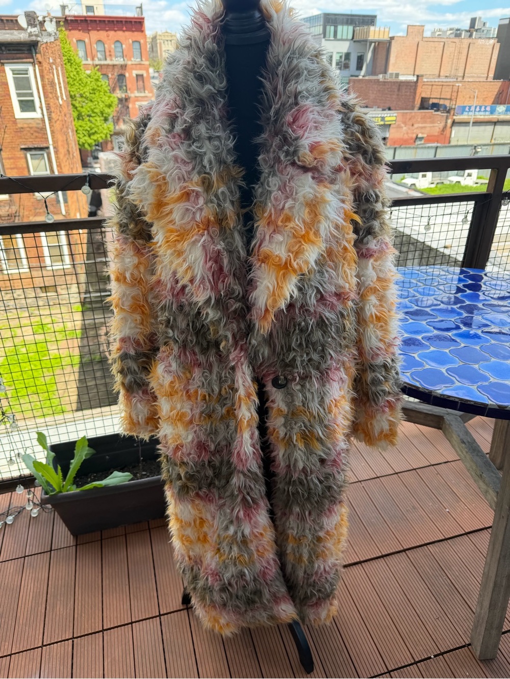 Free People Multicolor Shag Faux Fur Coat - Cream, Pink, Mustard, Olive